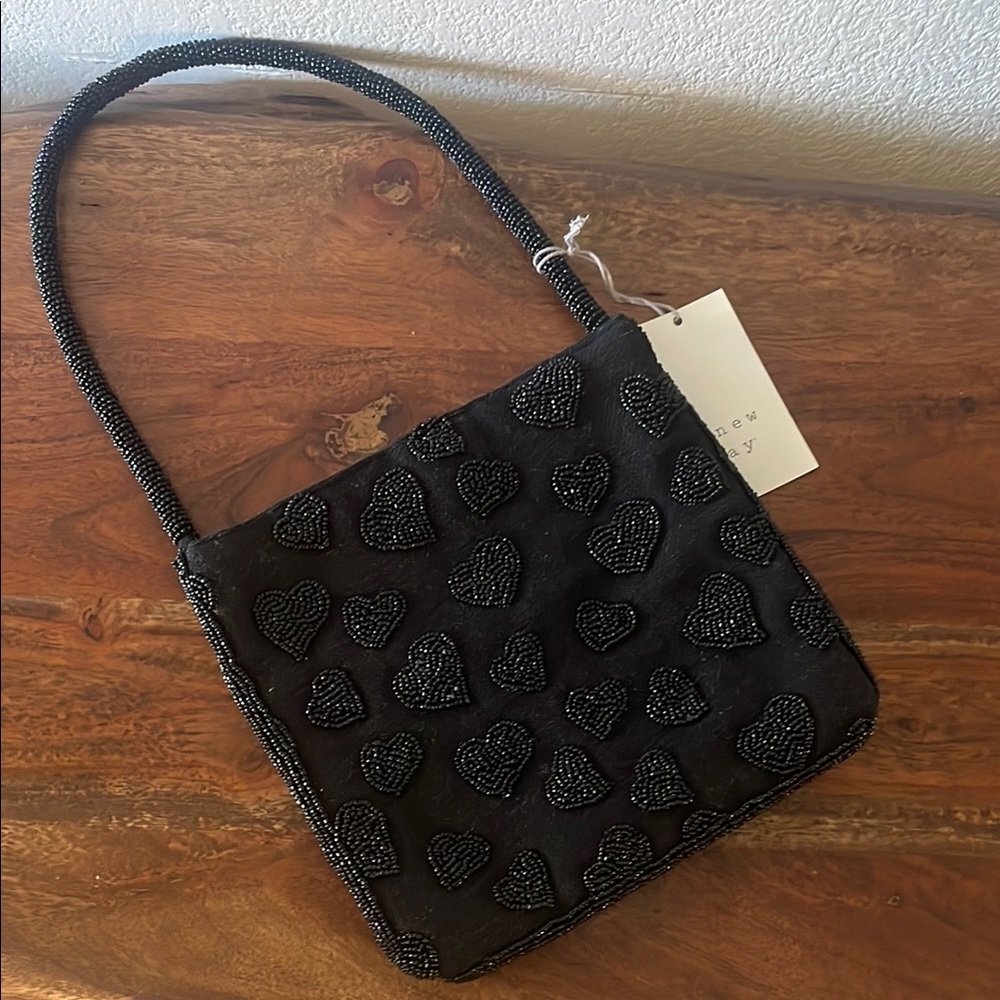 A New Day Black Beaded Heart Shoulder Bag NWT